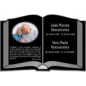 placa funerária formato biblia com foto do casal